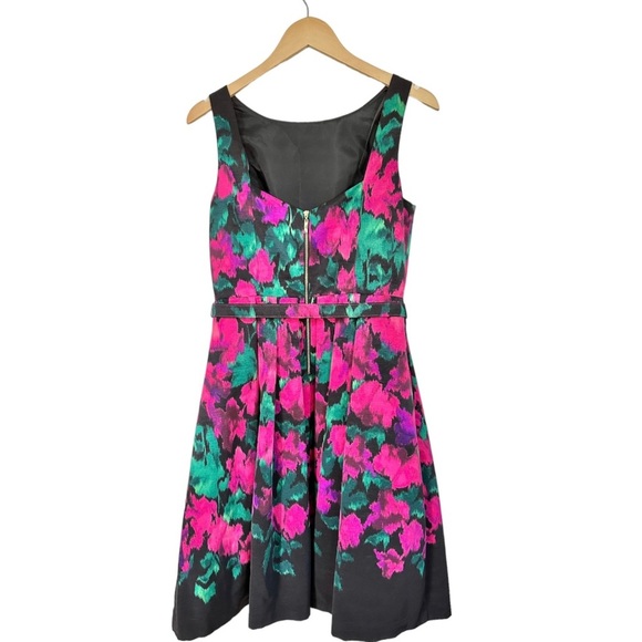 Eliza J Fit & Flare Black Watercolor Dress Sleeveless Belted Size 6 - Picture 8 of 12